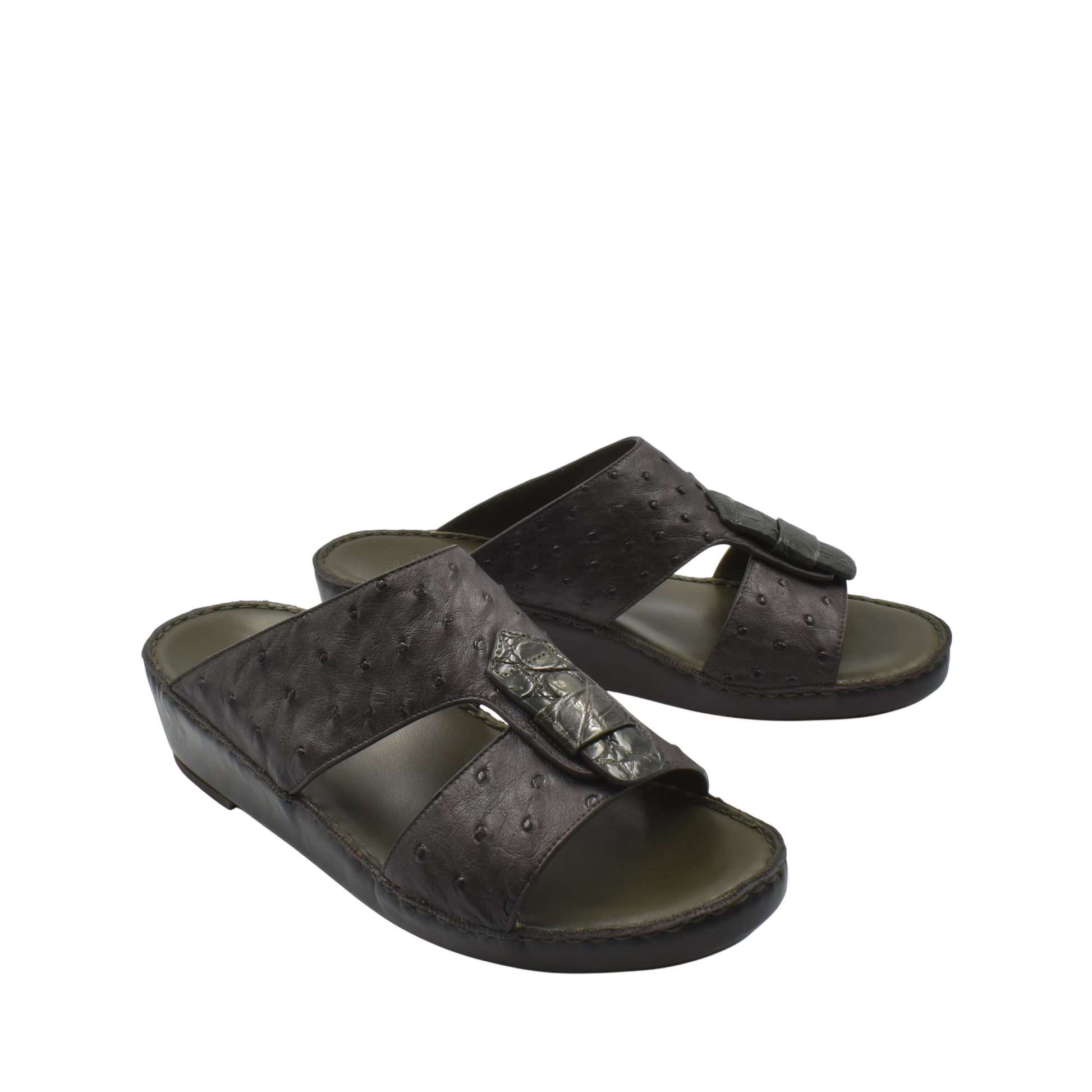 Black ostrich leather sandals with open toe and adjustable strap from private collection