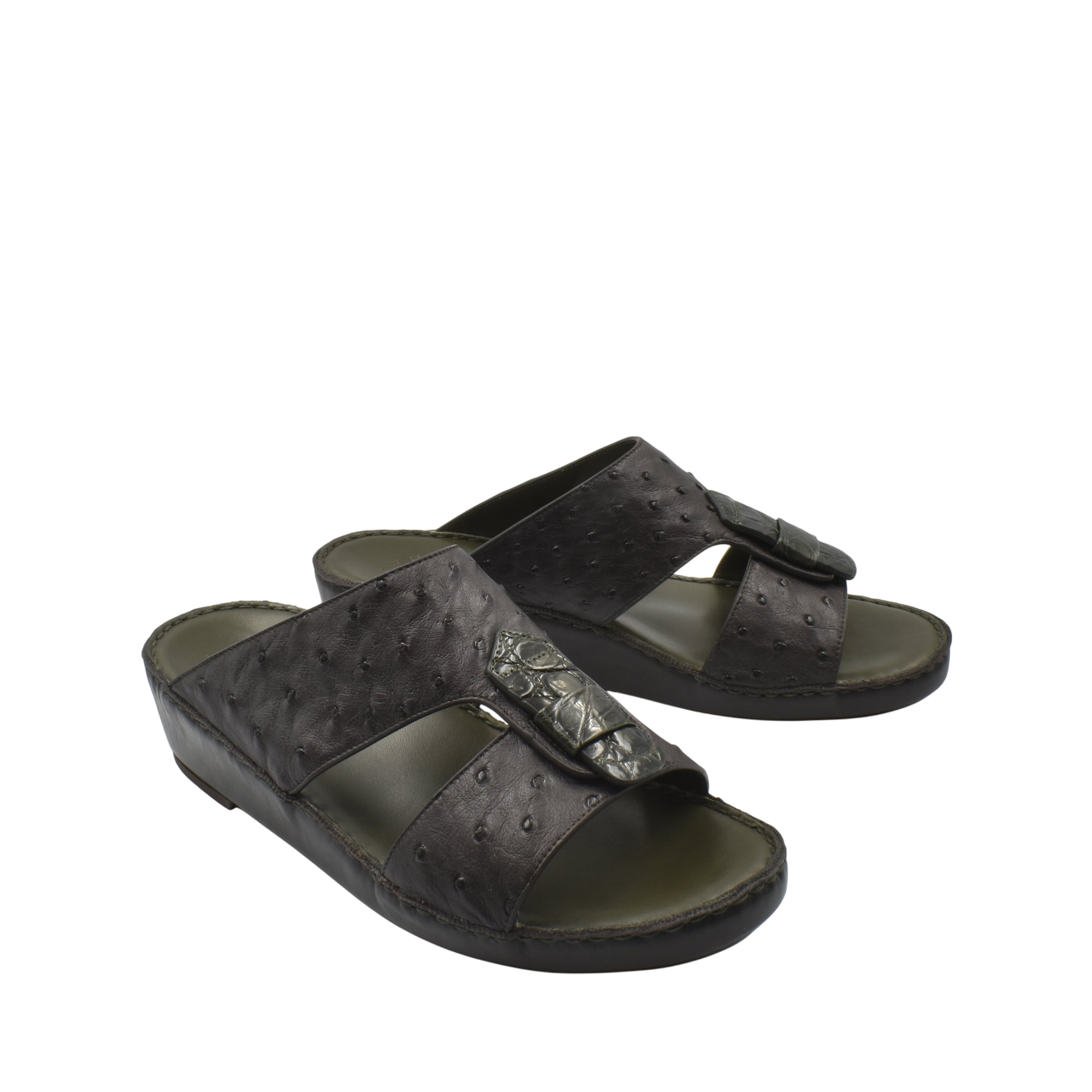 Black ostrich leather sandals with open toe and adjustable strap from private collection