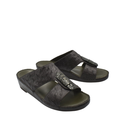 Black ostrich leather sandals with open toe and adjustable strap from private collection