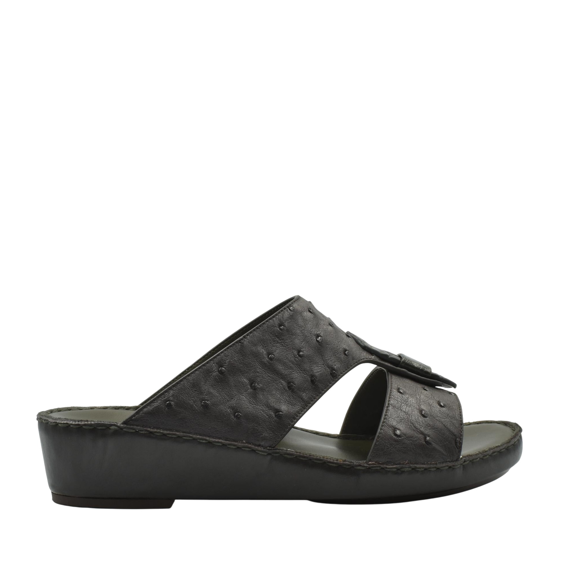 Black ostrich leather sandals with cushioned sole and open toe design for comfortable wear