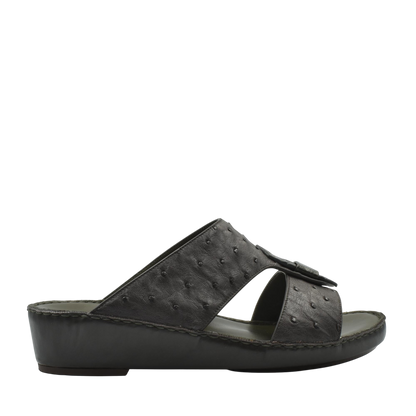 Black ostrich leather sandals with cushioned sole and open toe design for comfortable wear