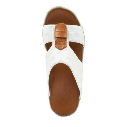 White and brown ostrich leather sandals with adjustable strap and cushioned footbed for comfort