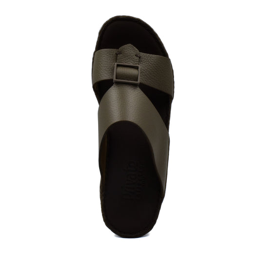 Private Collection premium casual sandals in dark olive with adjustable buckle strap and cushioned footbed