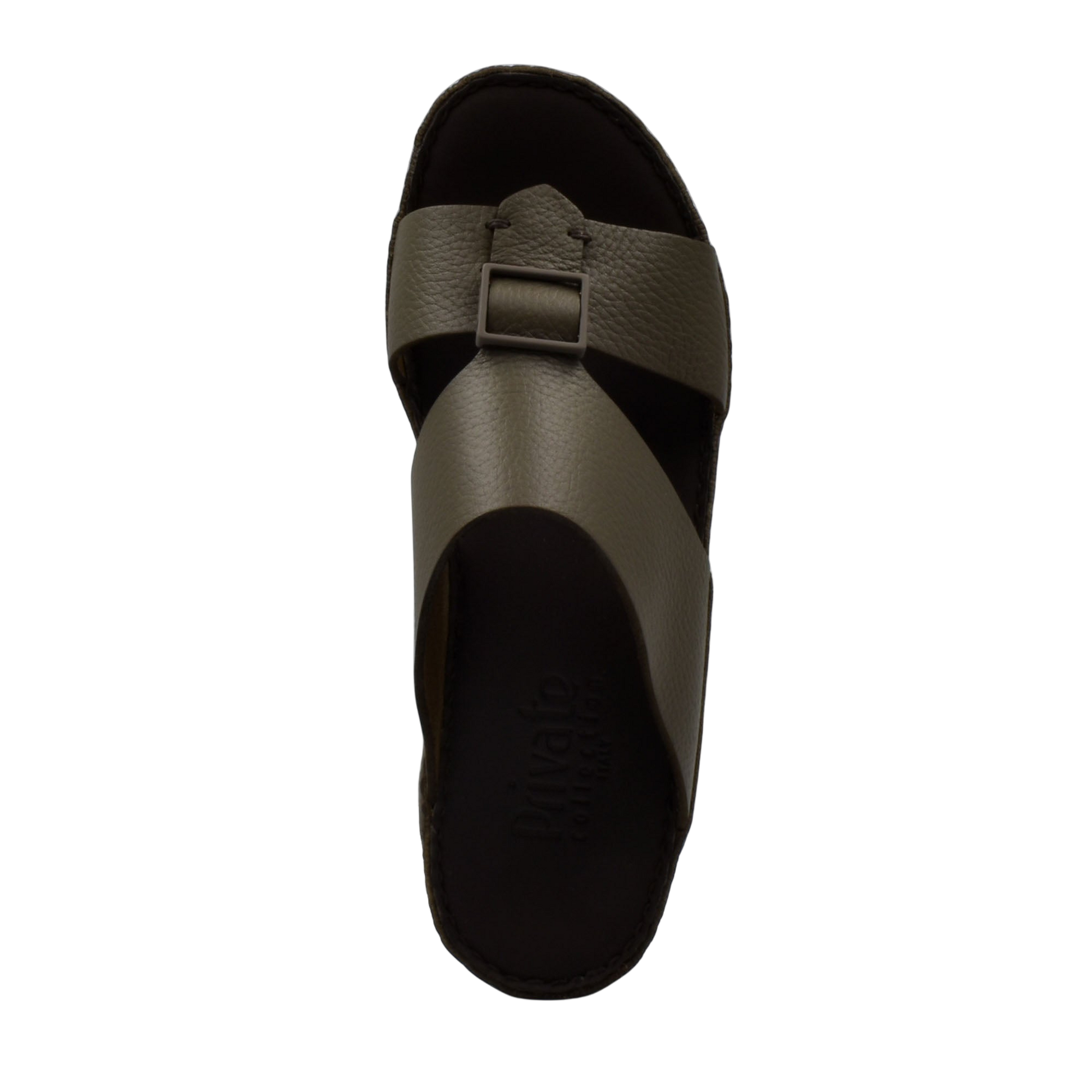 Private Collection premium casual sandals in dark olive with adjustable buckle strap and cushioned footbed