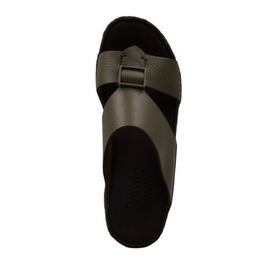 Private Collection premium casual sandals in dark olive with adjustable buckle strap and cushioned footbed