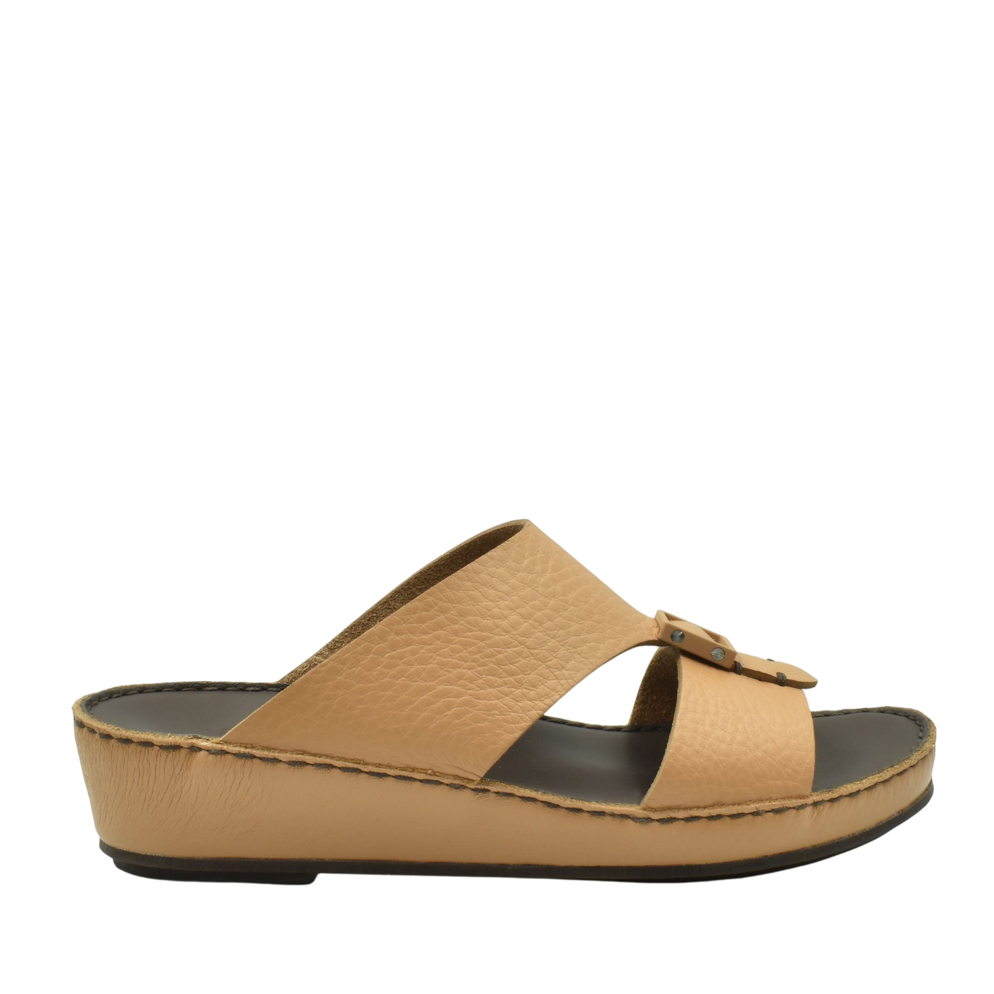 Tan leather slip-on premium casual sandals with cushioned sole and buckle detail by Private Collection