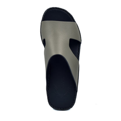 Top view of Private Collection western leather sandals with black sole and gray leather strap