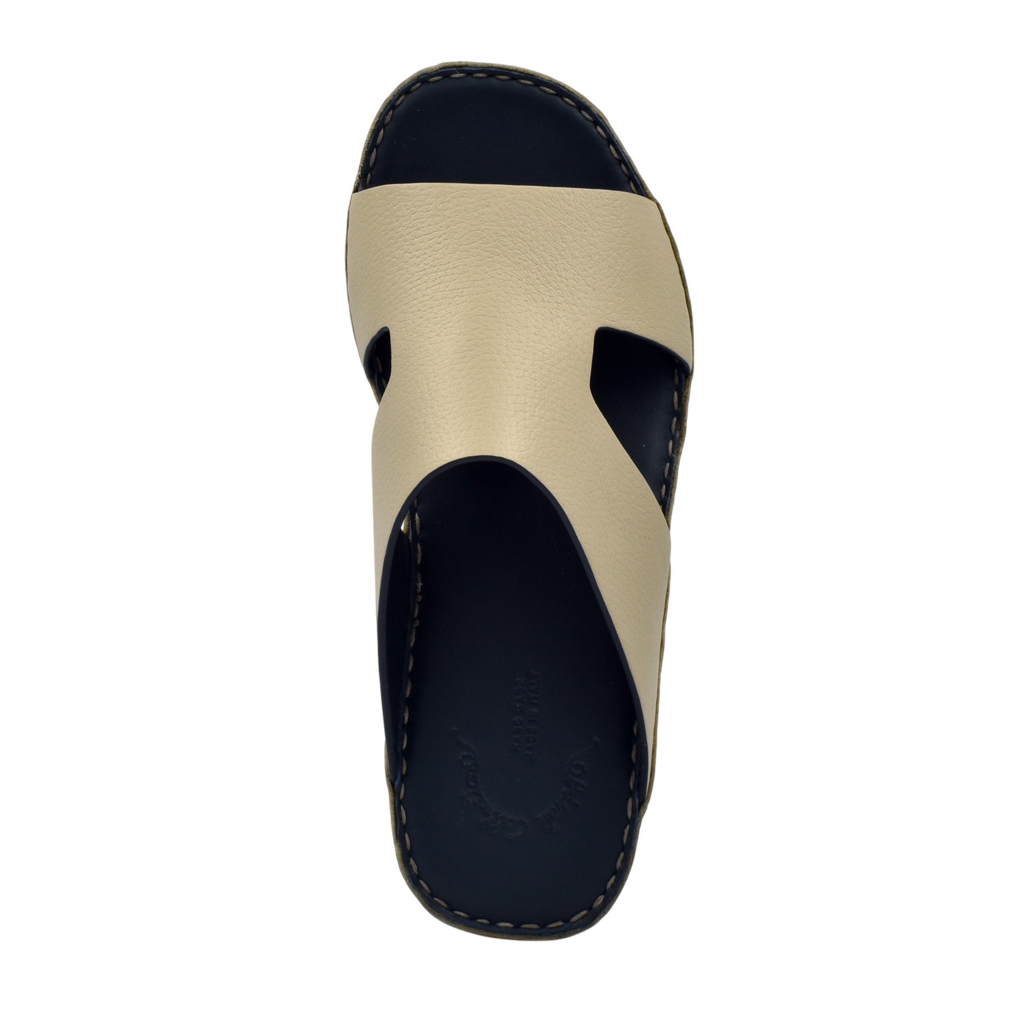 Top view of beige and black Western leather sandals with stitched sole from Private Collection