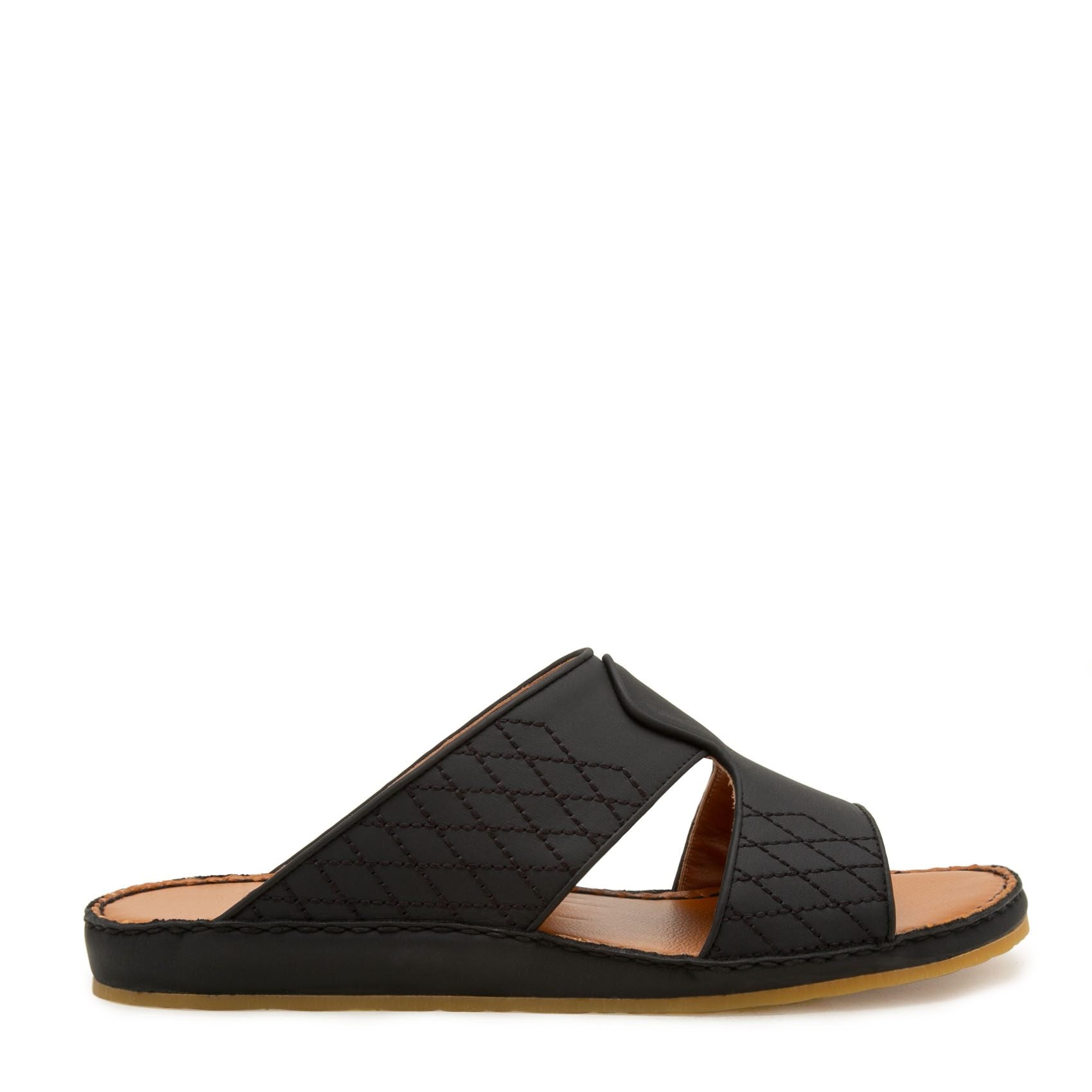 Black western sandals leather slide with stitched design and tan cushioned sole