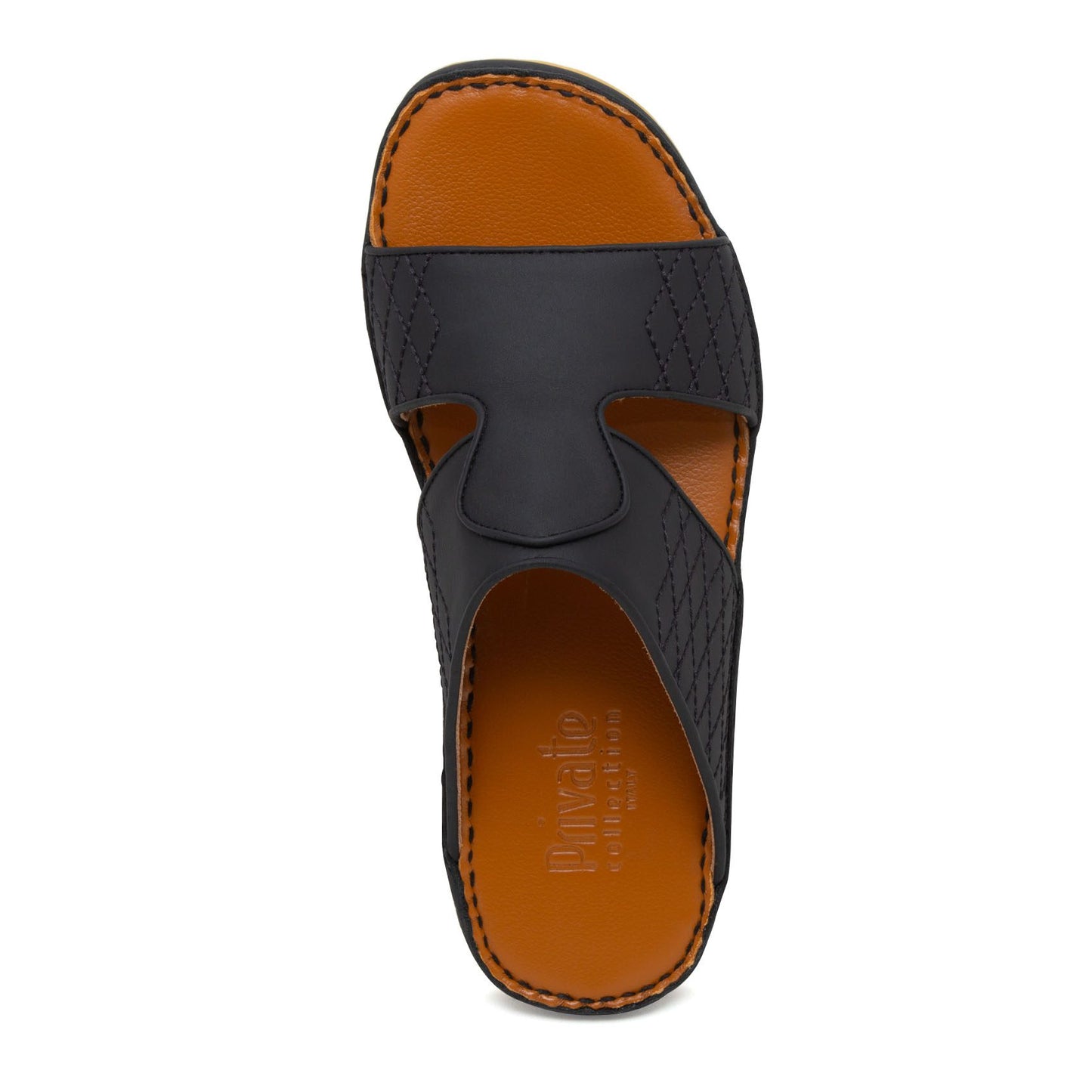 Top view of black western sandals leather with tan cushioned insole and stitched detailing