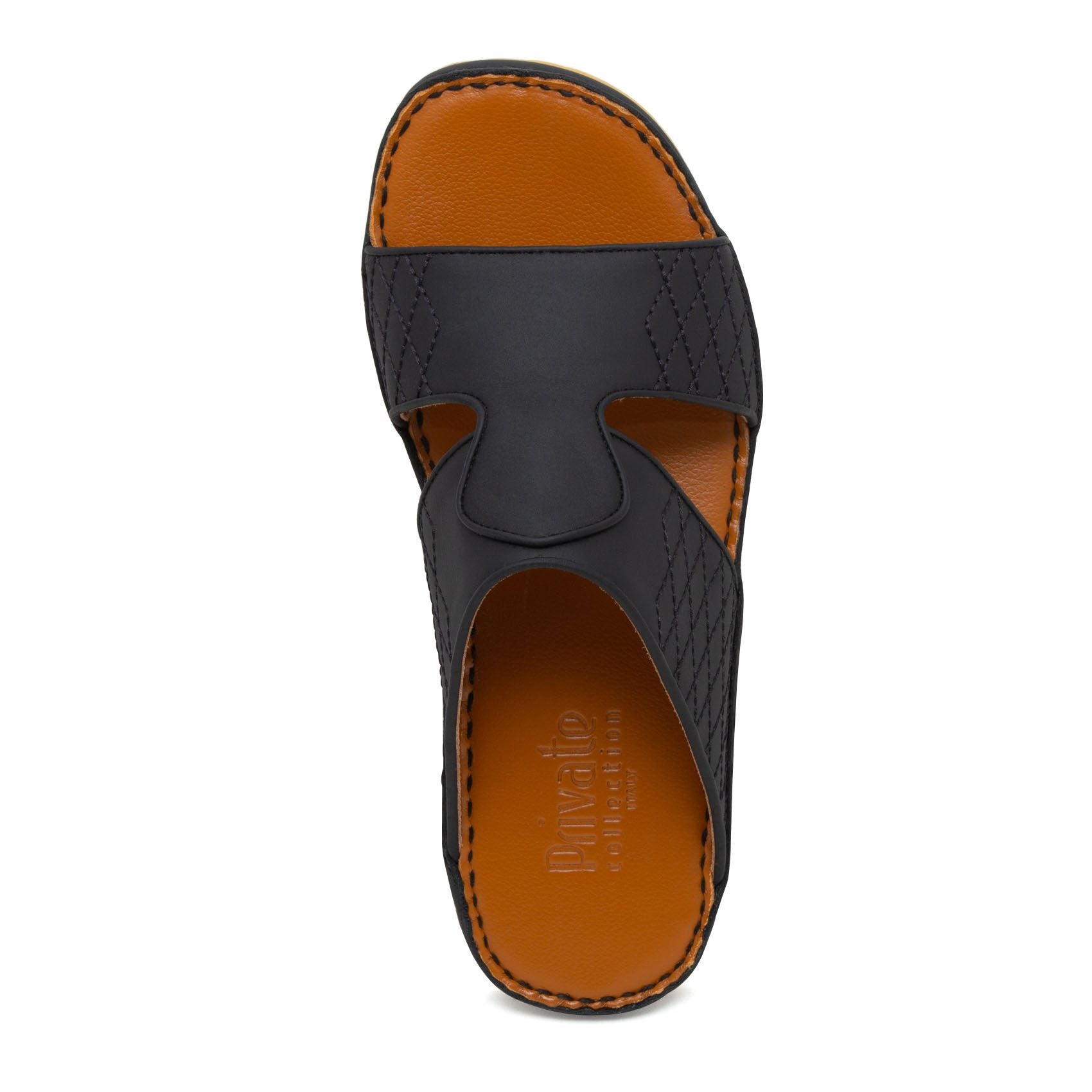 Top view of black western sandals leather with tan cushioned insole and stitched detailing