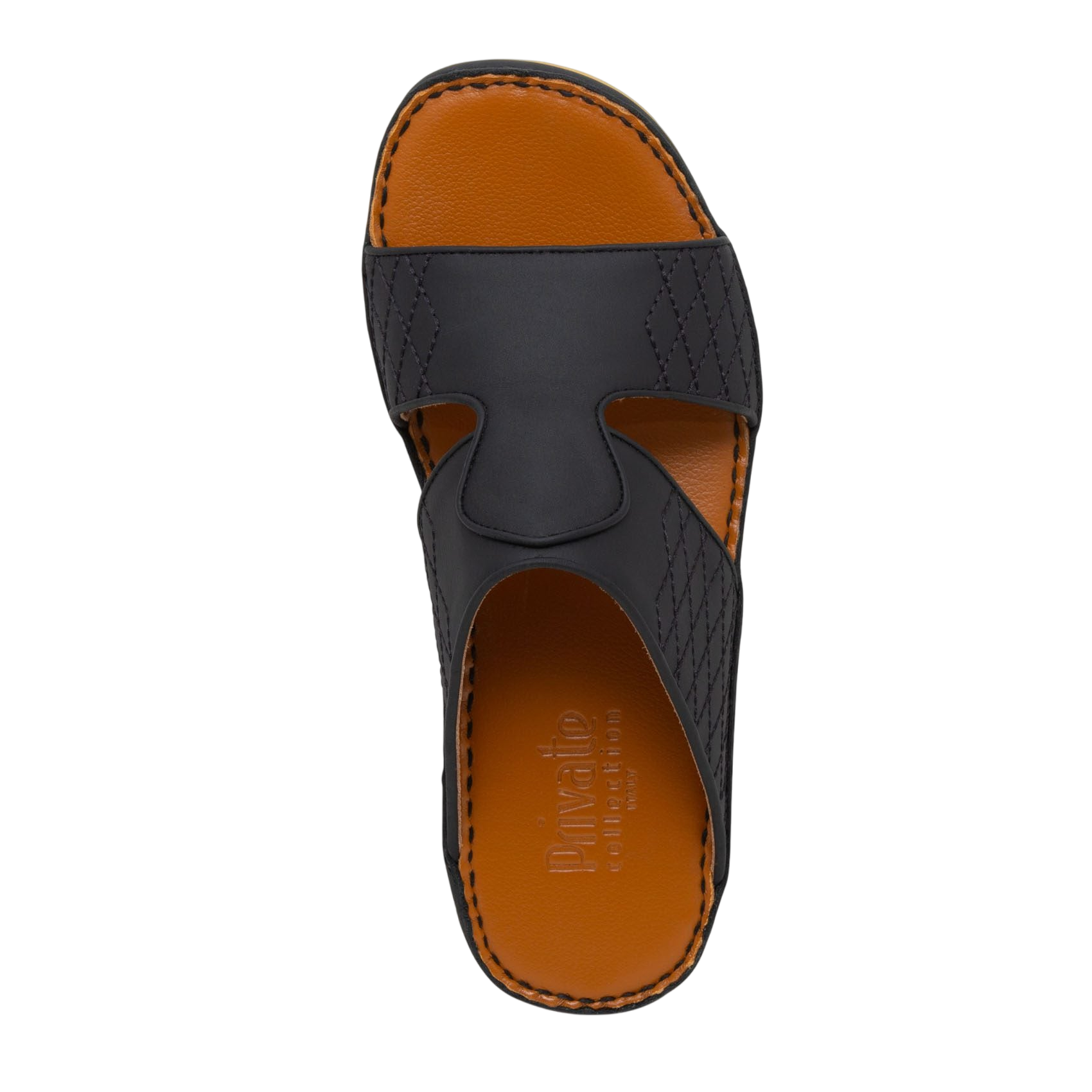 Top view of black western sandals leather with tan cushioned insole and stitched detailing