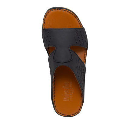 Top view of black western sandals leather with tan cushioned insole and stitched detailing