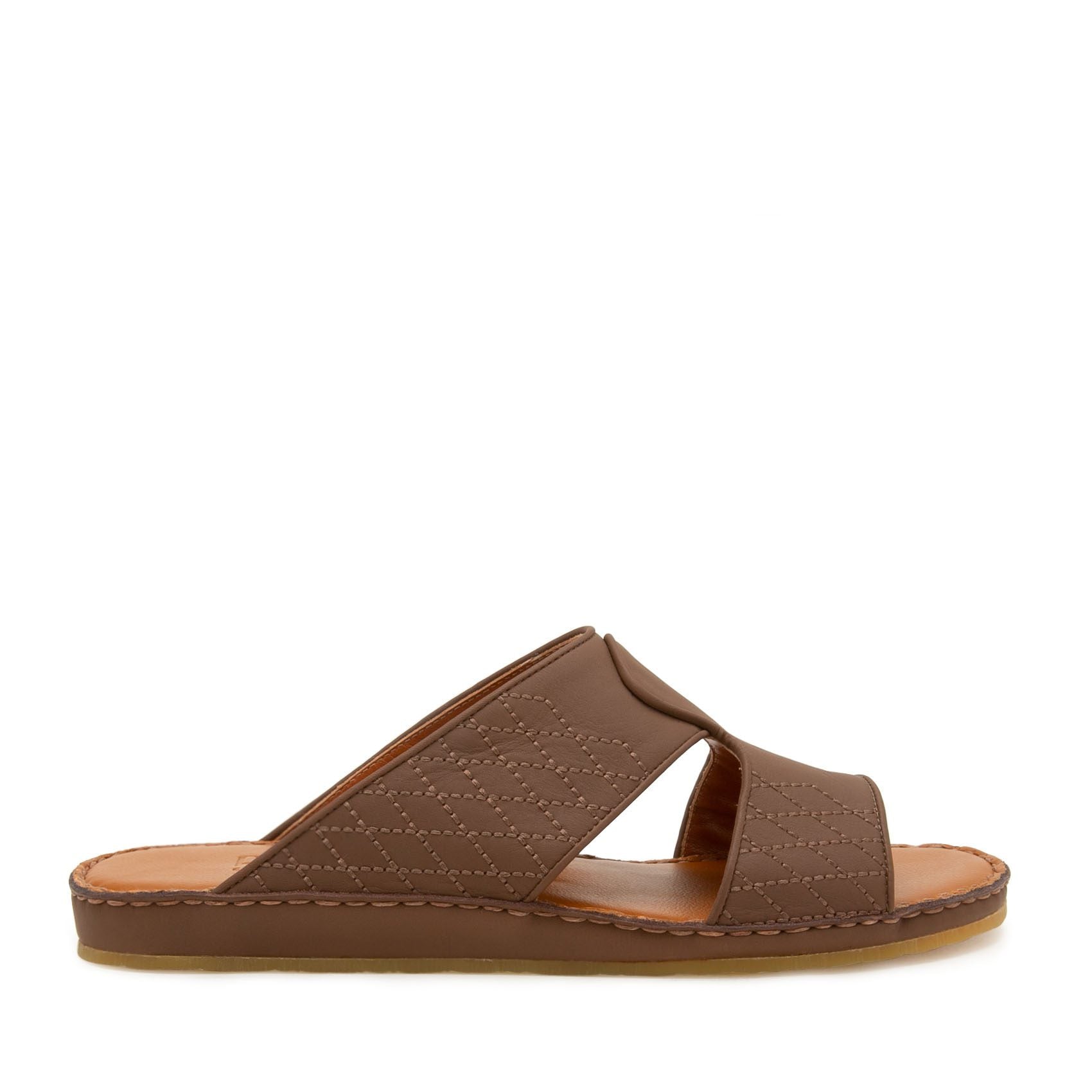 Brown western sandals leather slide with stitched detailing and flat sole for casual wear