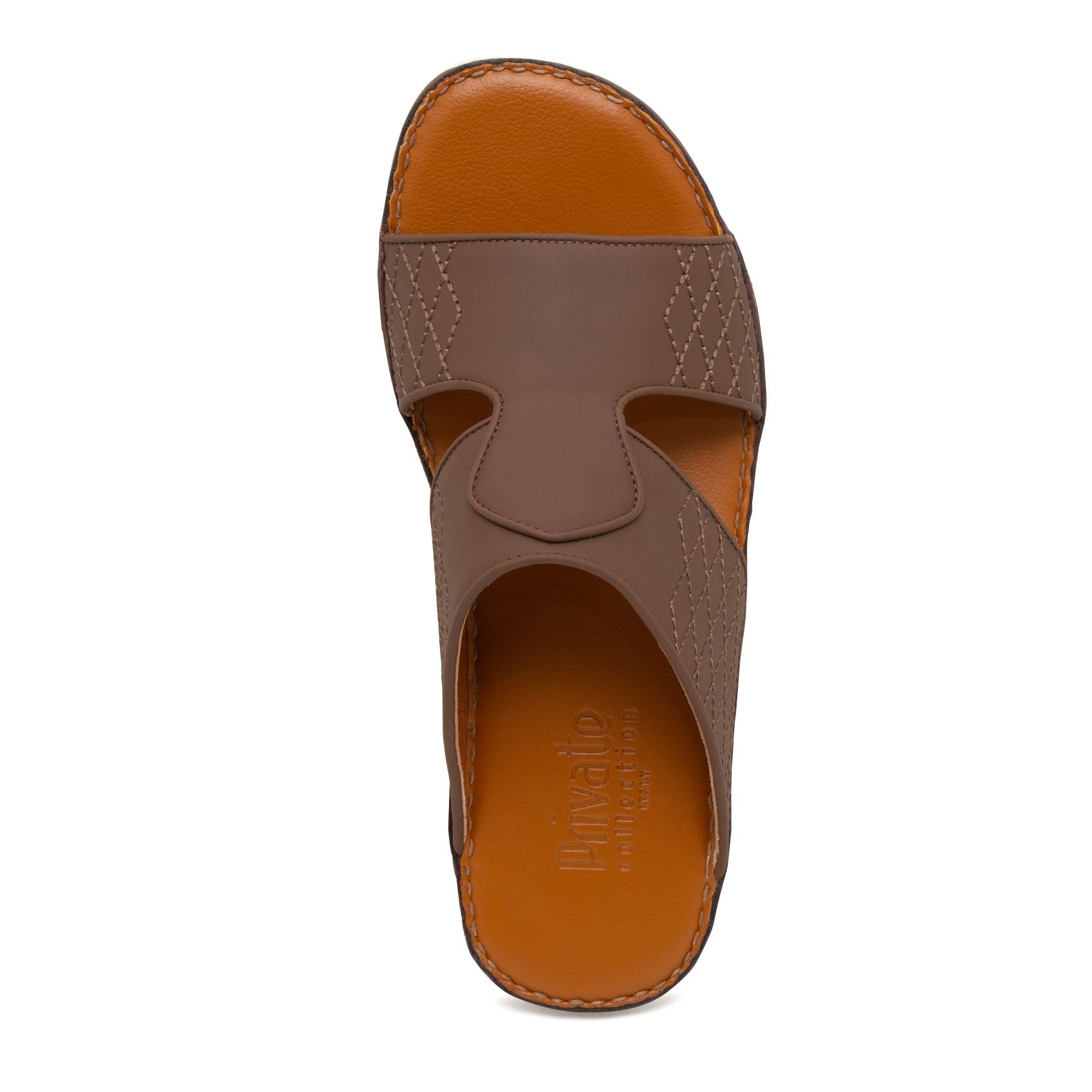 Top view of brown western sandals leather slide with stitched detailing and cushioned footbed