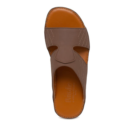 Top view of brown western sandals leather slide with stitched detailing and cushioned footbed