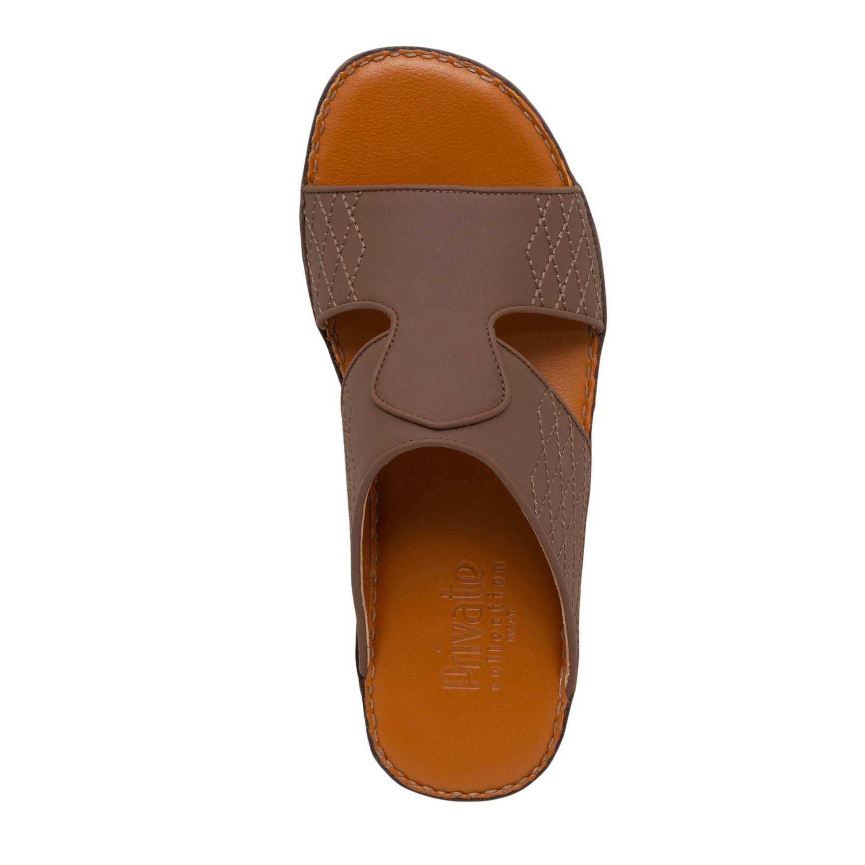 Top view of brown western sandals leather slide with stitched detailing and cushioned footbed