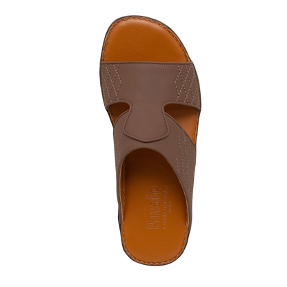Top view of brown western sandals leather slide with stitched detailing and cushioned footbed