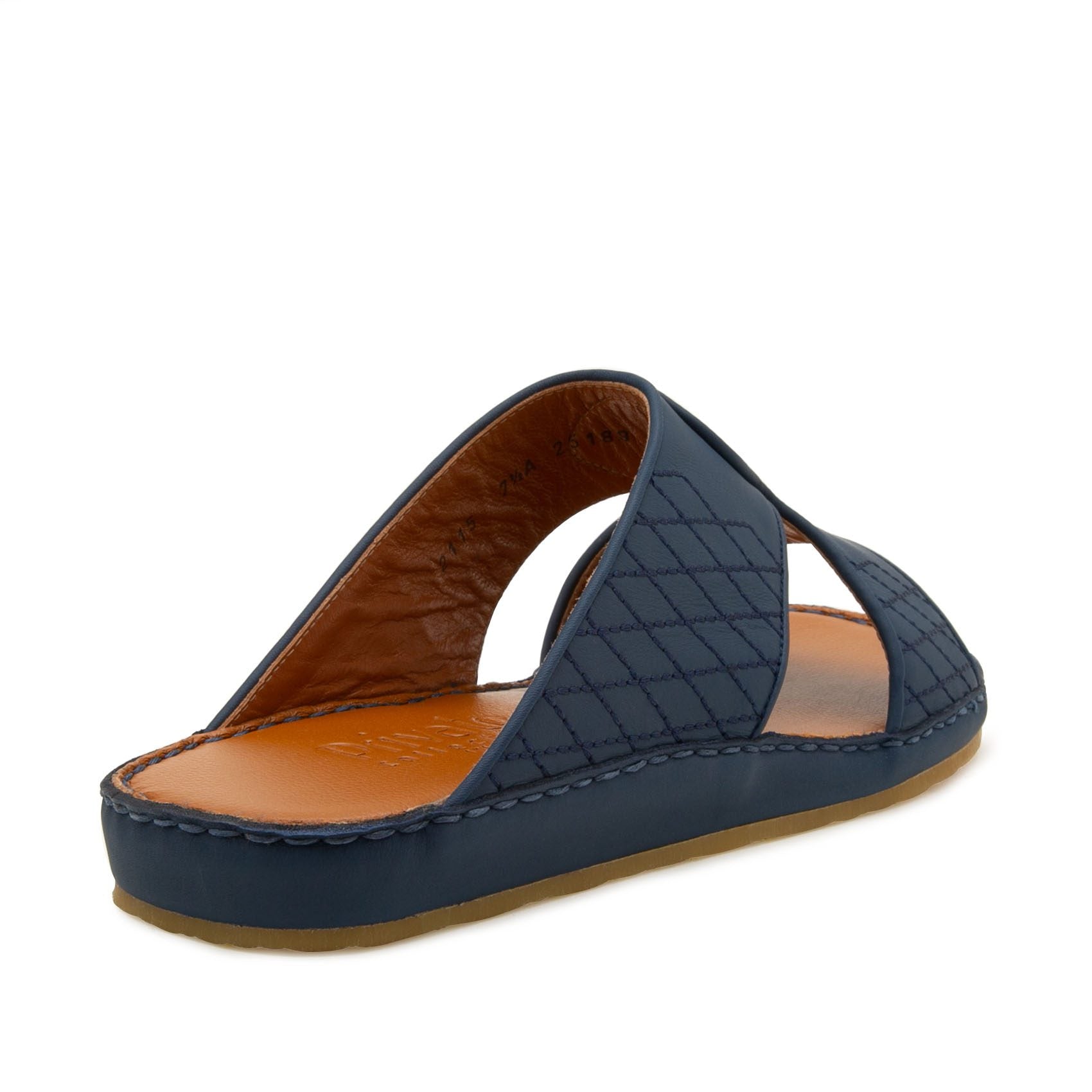 Blue quilted western sandals leather slip-on with cushioned tan footbed and stitched sole
