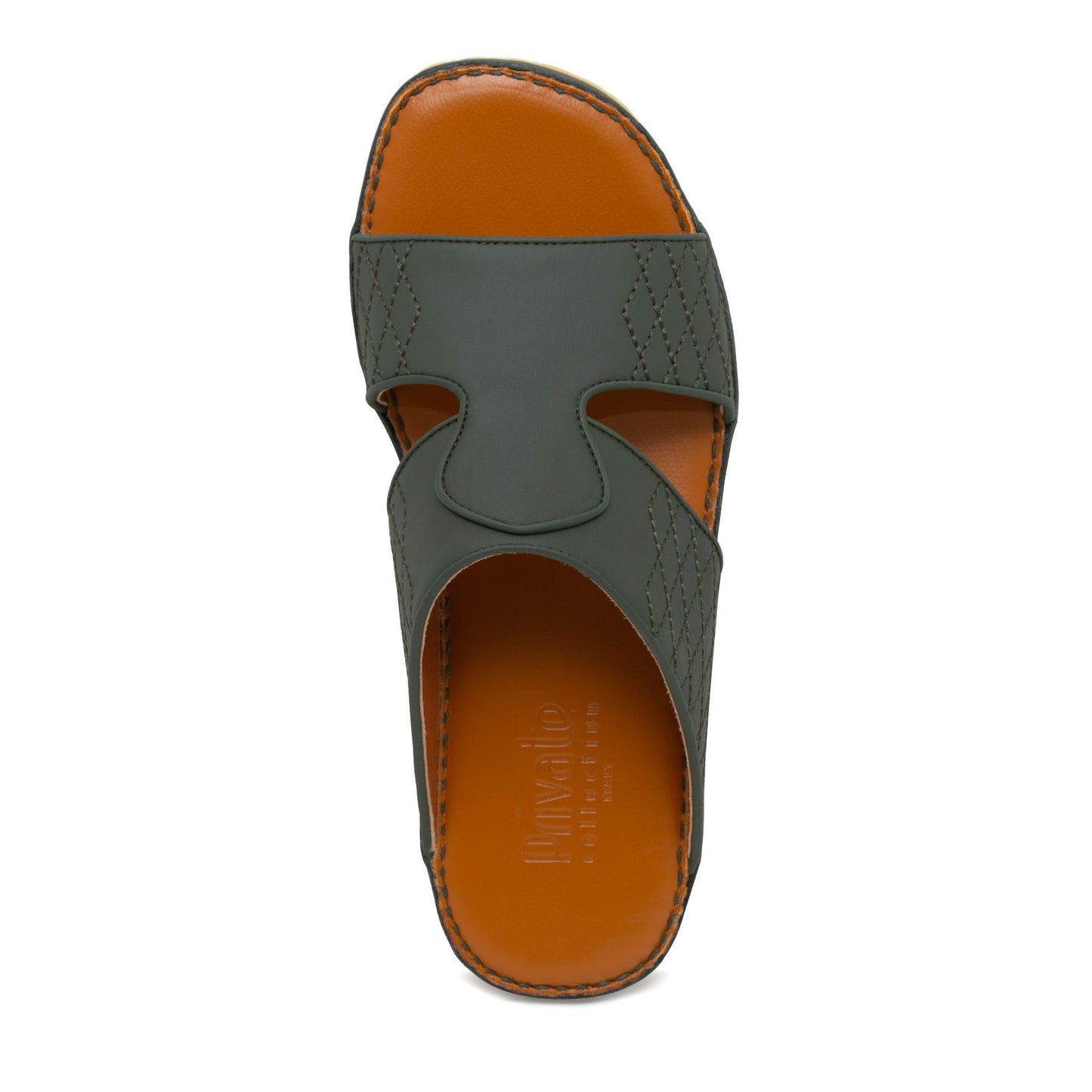 Top view of western sandals leather in dark green with orange footbed and stitched detailing