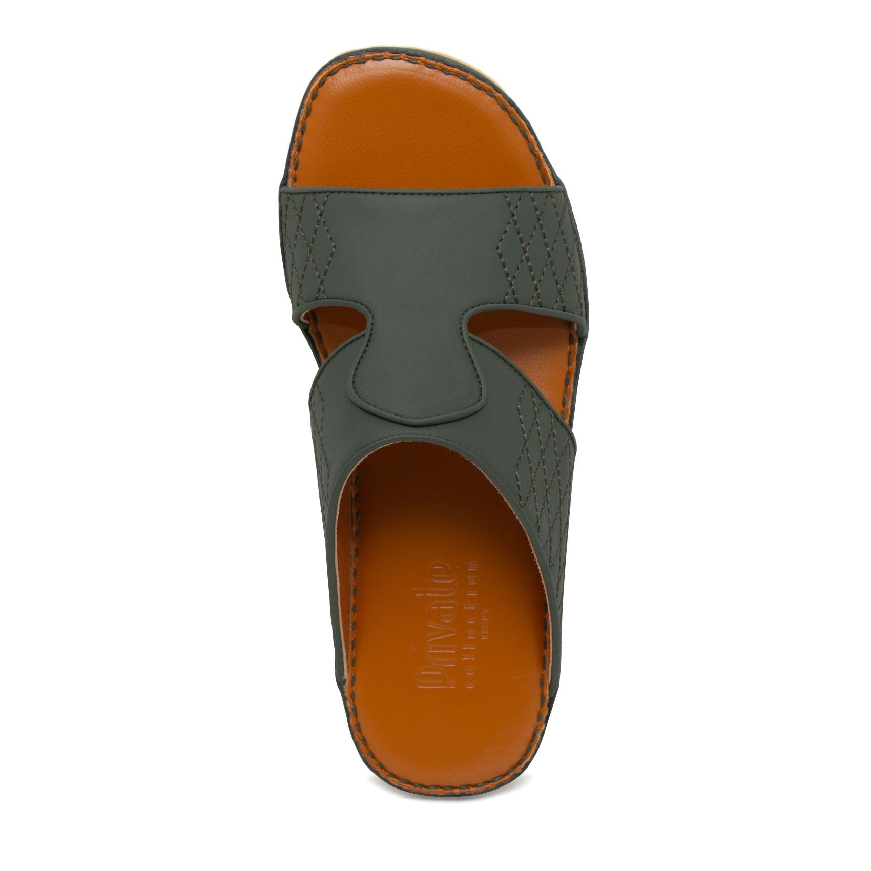 Top view of western sandals leather in dark green with orange footbed and stitched detailing