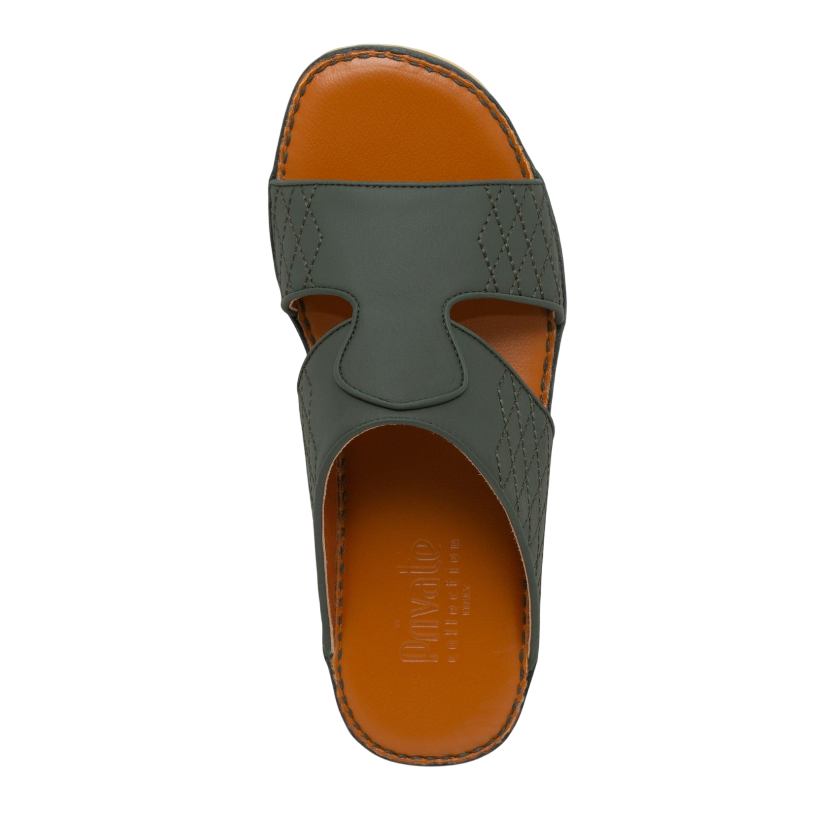 Top view of western sandals leather in dark green with orange footbed and stitched detailing