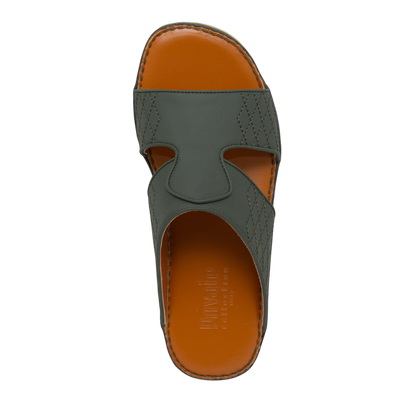 Top view of western sandals leather in dark green with orange footbed and stitched detailing
