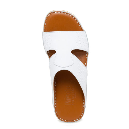 Top view of white western sandals leather with brown insole and detailed stitching