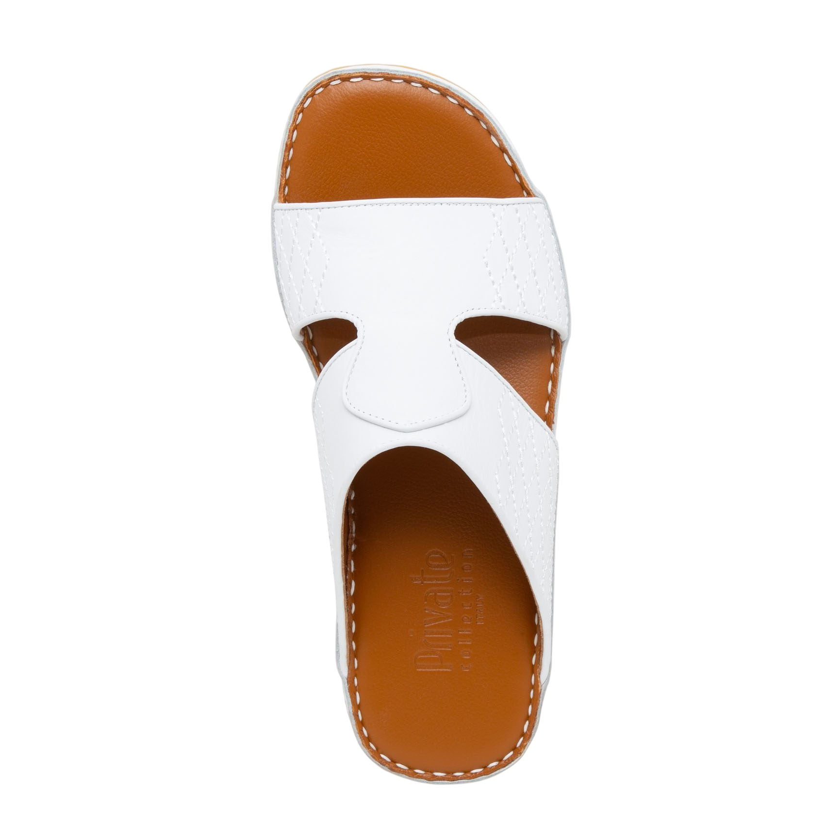 Top view of white western sandals leather with brown insole and detailed stitching
