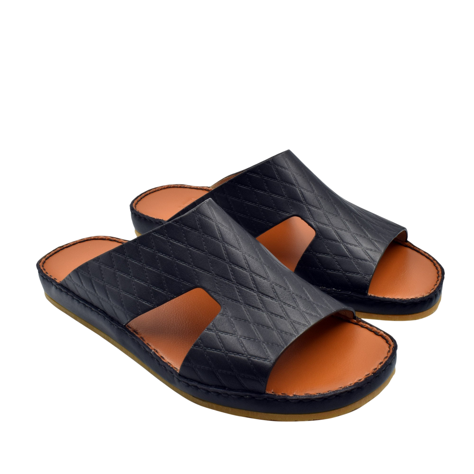 Black quilted Western style leather sandals with open toe and tan footbed for casual wear