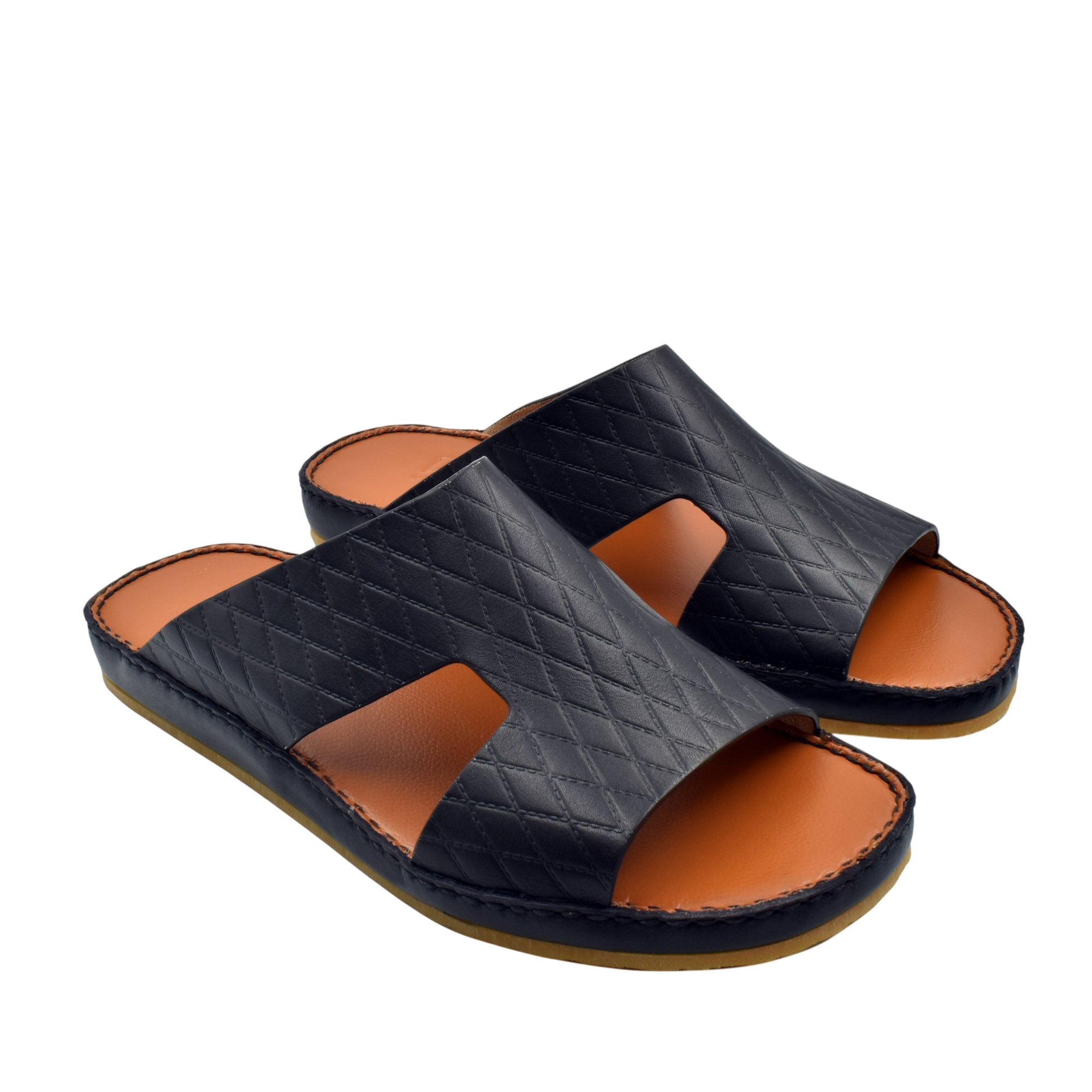 Black quilted Western style leather sandals with open toe and tan footbed for casual wear