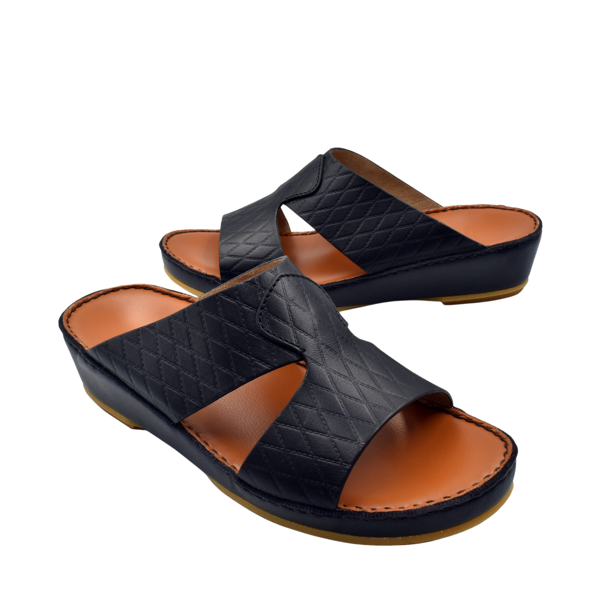 Black Western style leather sandals with quilted straps and cushioned tan footbed