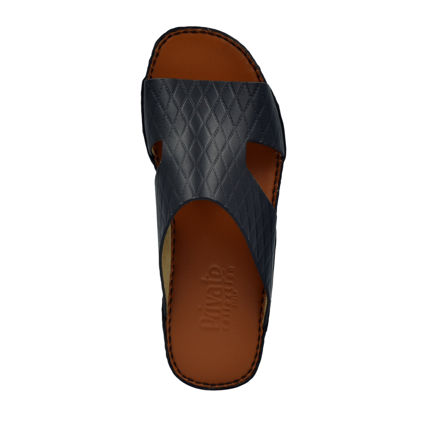 Black Western style leather sandals with quilted straps and brown cushioned footbed