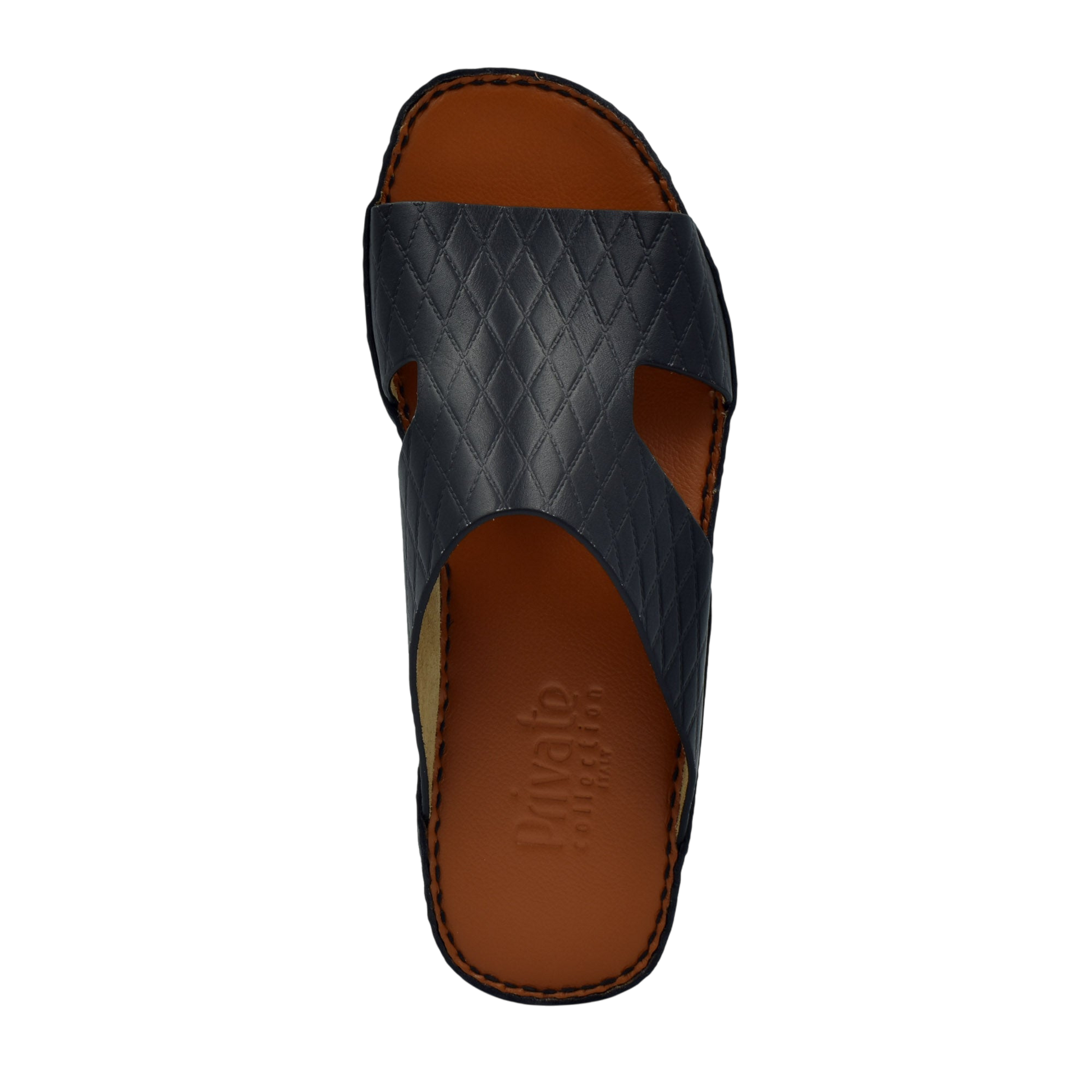 Black Western style leather sandals with quilted straps and brown cushioned footbed