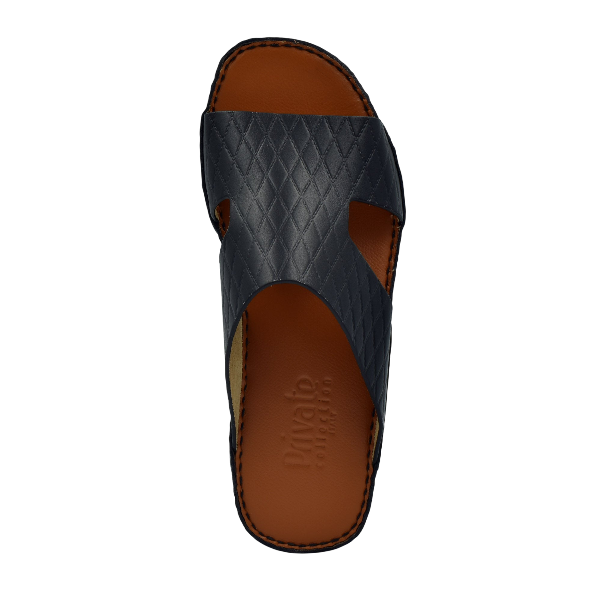 Black Western style leather sandals with quilted straps and brown cushioned footbed