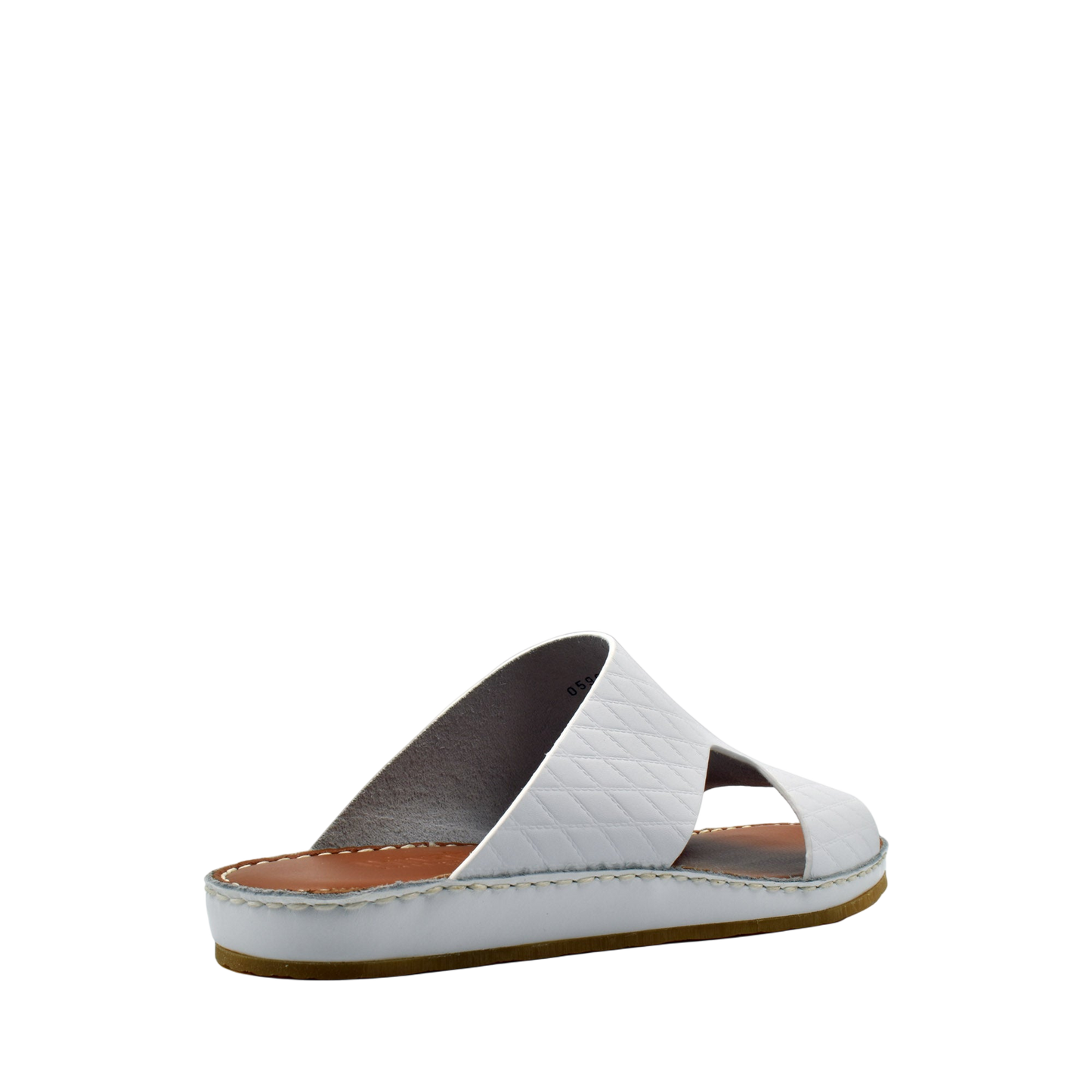 White Western style leather sandals with quilted straps and brown cushioned sole